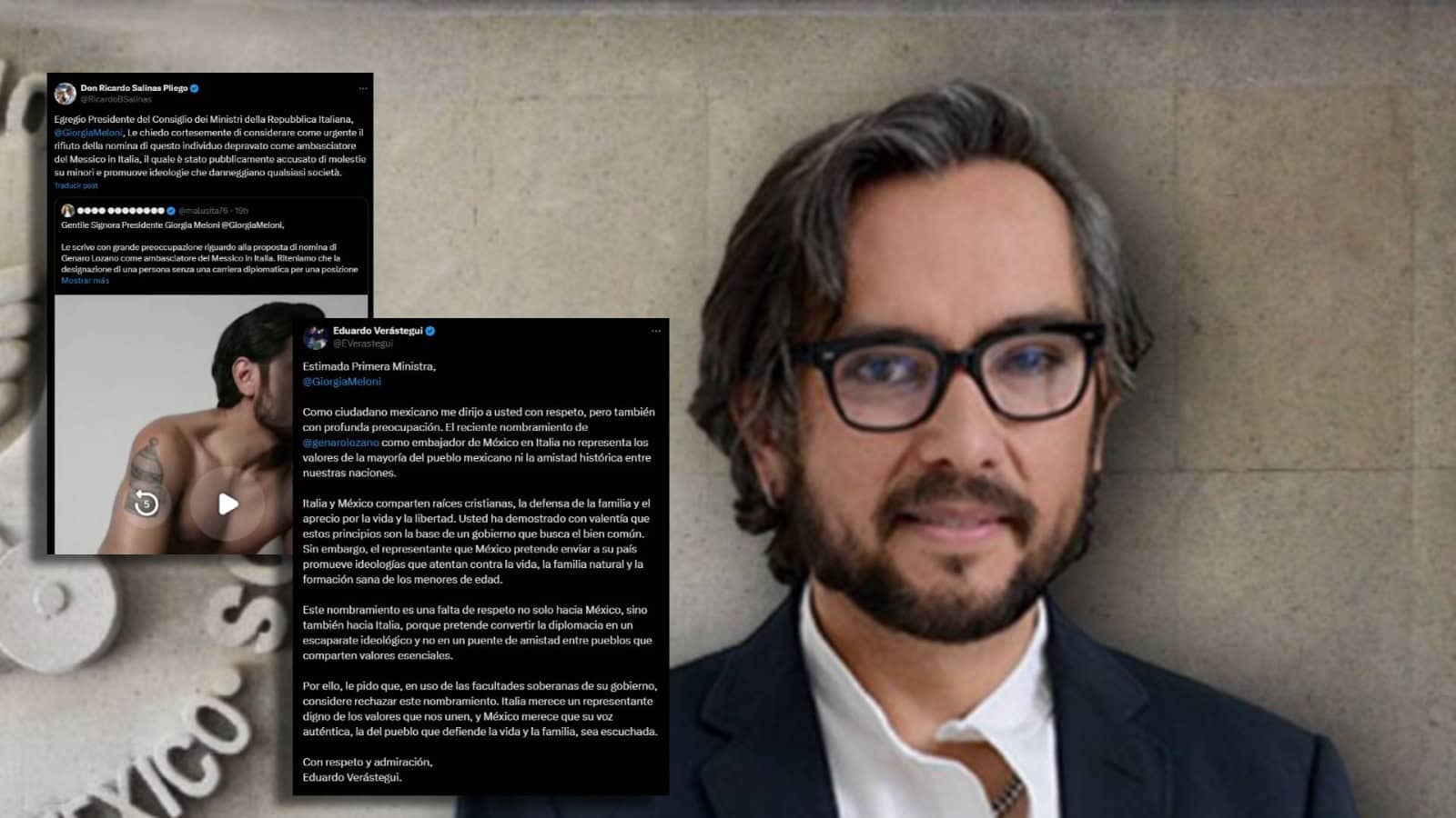 Salinas y Verástegui piden a primera ministra italiana rechazar nombramiento de Genaro Lozano como embajador