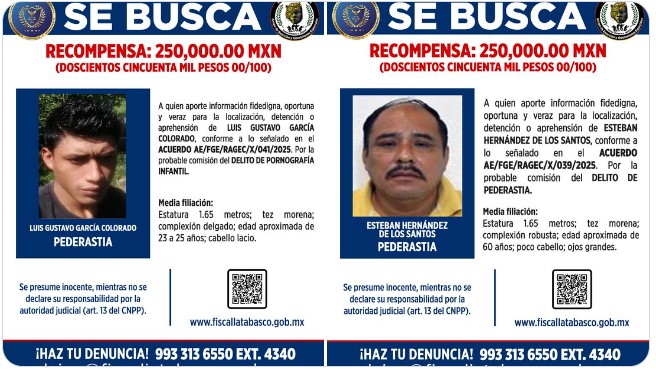 Ofrece FGE Tabasco otro medio millón por personas relacionadas con pornografía infantil