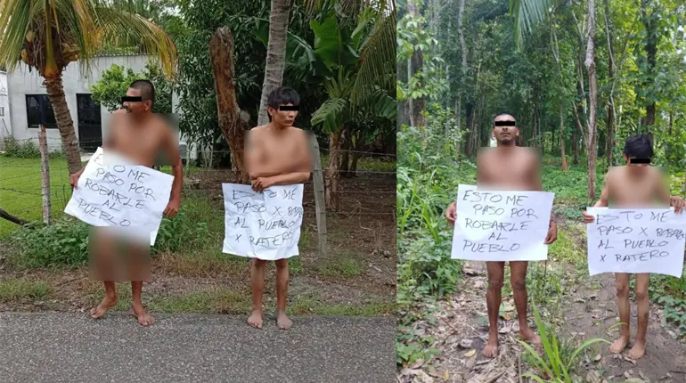 Exhiben desnudos a 2 presuntos ladrones en Cunduacán