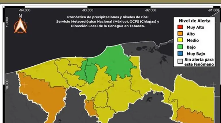 Alerta Naranja en Tabasco por lluvias y aumento en niveles de ríos