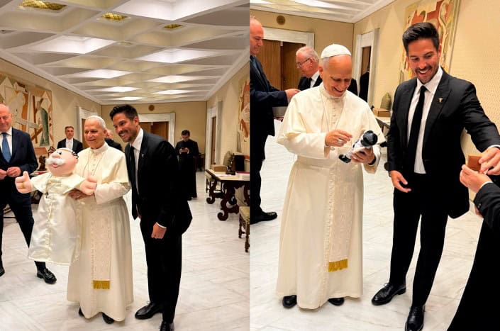 Dr. Simi llega al Vaticano; obsequian a Papa León muñeco del personaje con sotana