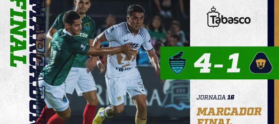 Pumas Tabasco es goleado 4-1 por el Cancún Fc y lo deja casi fuera de la liguilla