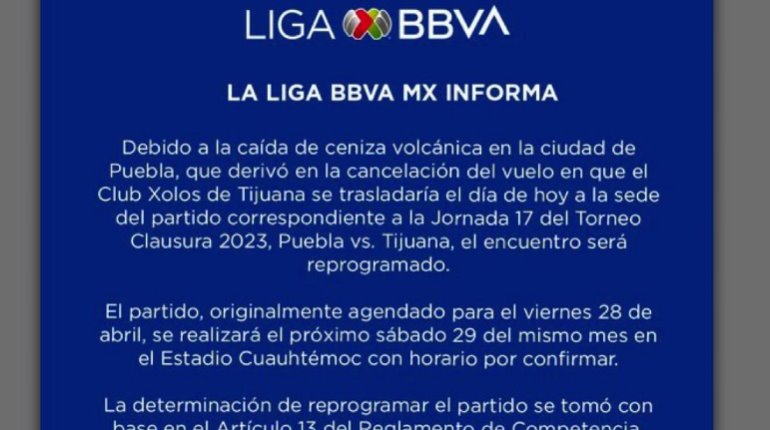 Suspenden el partido entre Puebla vs Tijuana por caída de ceniza volcánica