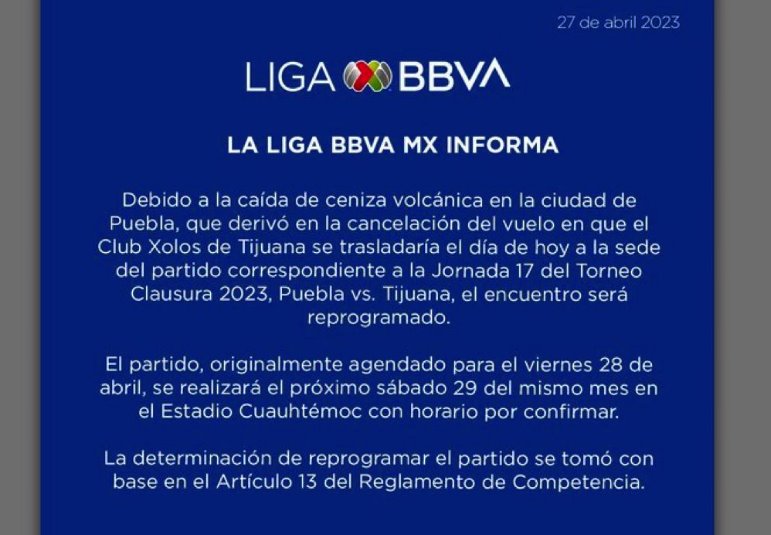 Suspenden el partido entre Puebla vs Tijuana por caída de ceniza volcánica