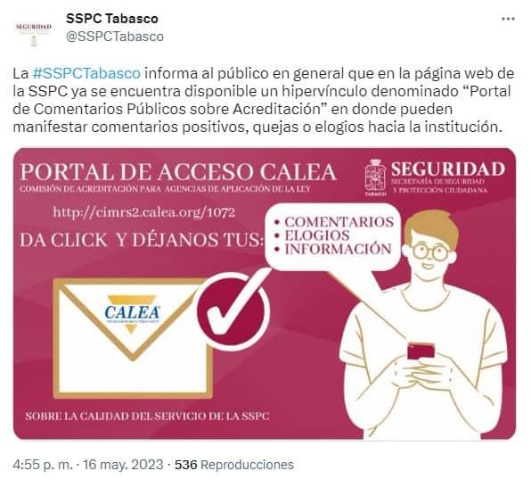 Apertura SSPC Tabasco portal para recibir comentarios y quejas