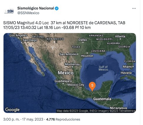 Se registra nuevo sismo en Tabasco, ahora en Cárdenas; fue de magnitud 4