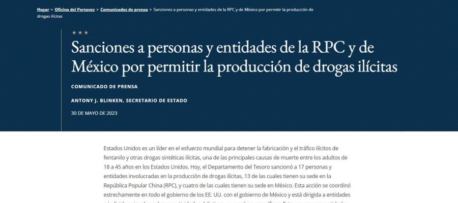 Sanciona EE.UU. a 17 personas de México y China por producción de fentanilo