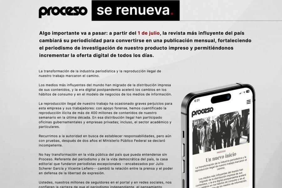 Anuncia Proceso que dejará de ser semanario y ahora se publicará mensualmente