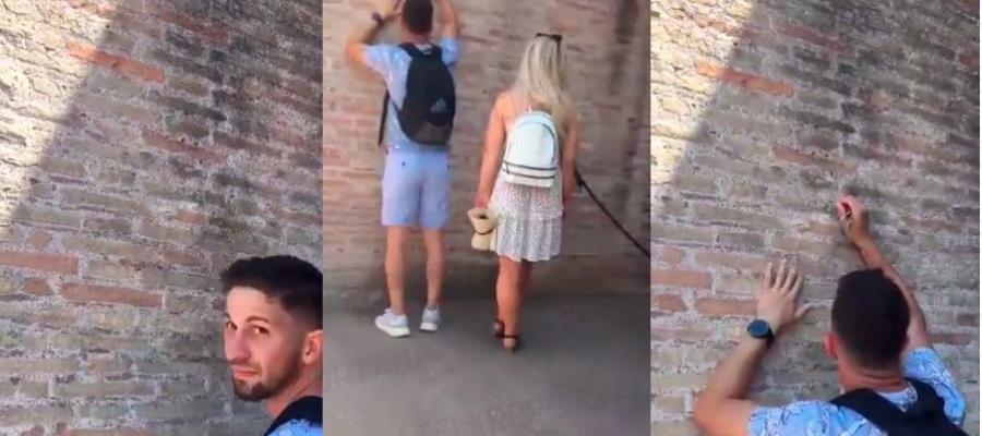 Exhiben a turista grabar su nombre y el de su novia en pared del Coliseo Romano