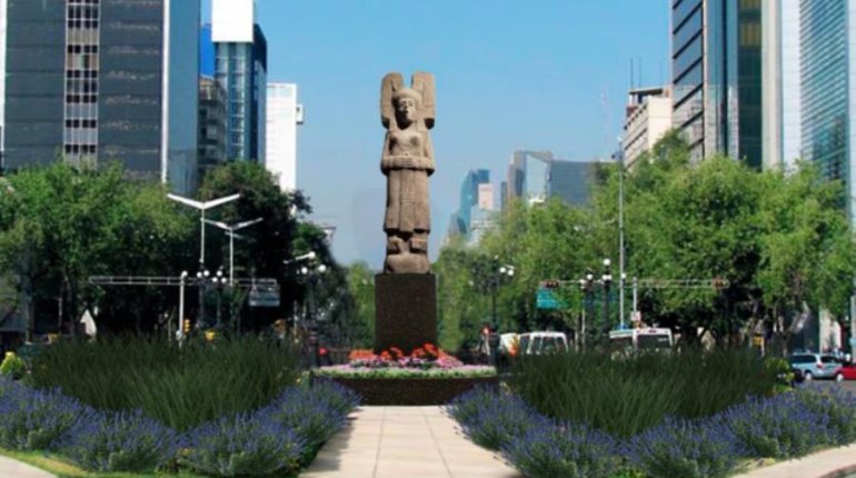 Develan escultura de La Joven de Amajac en la ex glorieta de Colón en CDMX