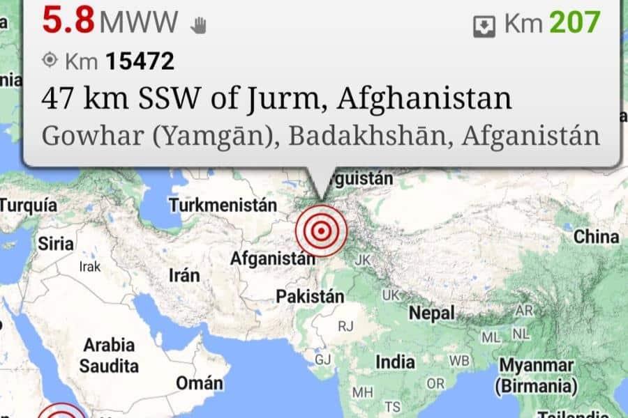 Terremoto de magnitud 5.8 sacude al noreste de Afganistán