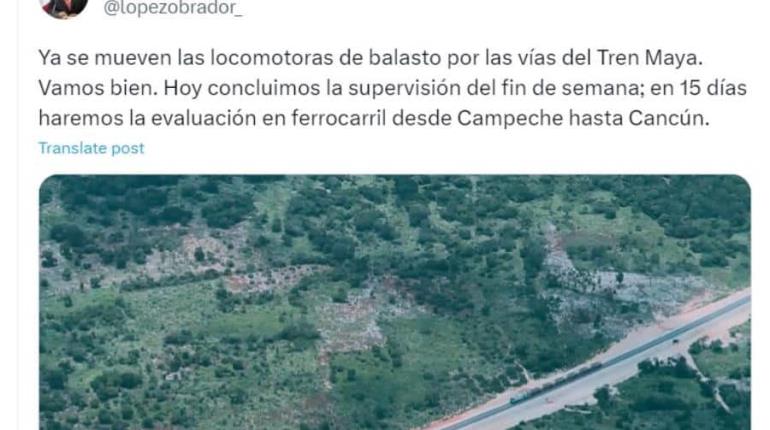 Presume AMLO que "ya se mueven" locomotoras de balasto por el Tren Maya