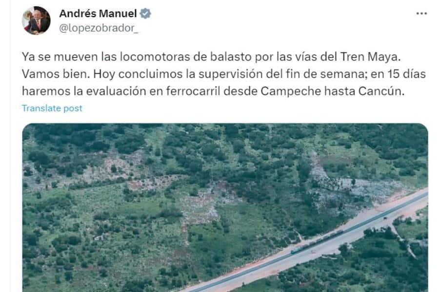 Presume AMLO que "ya se mueven" locomotoras de balasto por el Tren Maya