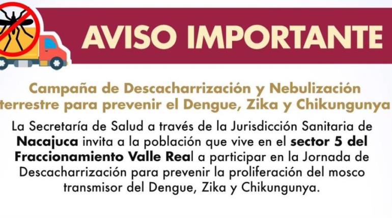 Anuncia Salud campaña de descacharrización y nebulización contra el dengue, zika y chikungunya en el Fraccionamiento Valle Real