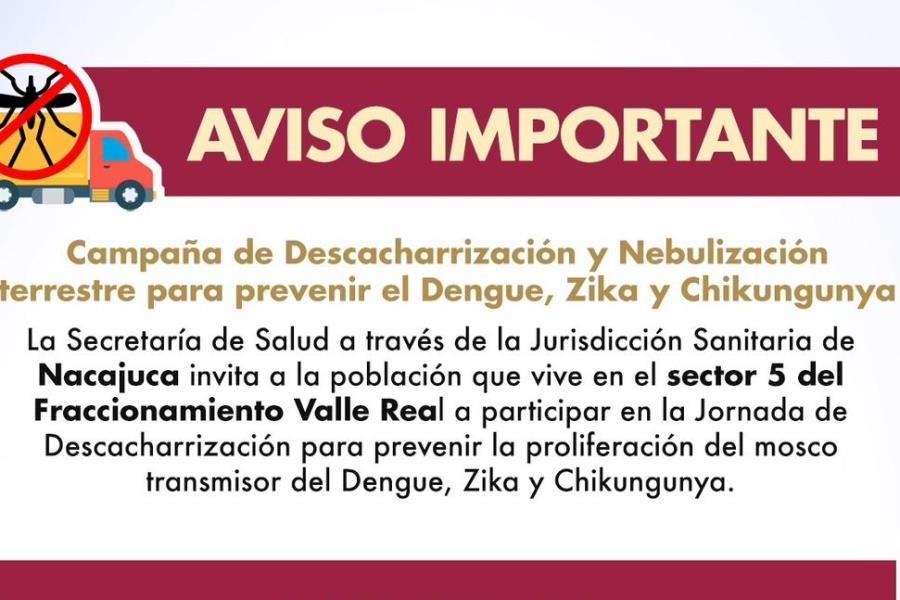 Anuncia Salud campaña de descacharrización y nebulización contra el dengue, zika y chikungunya en el Fraccionamiento Valle Real