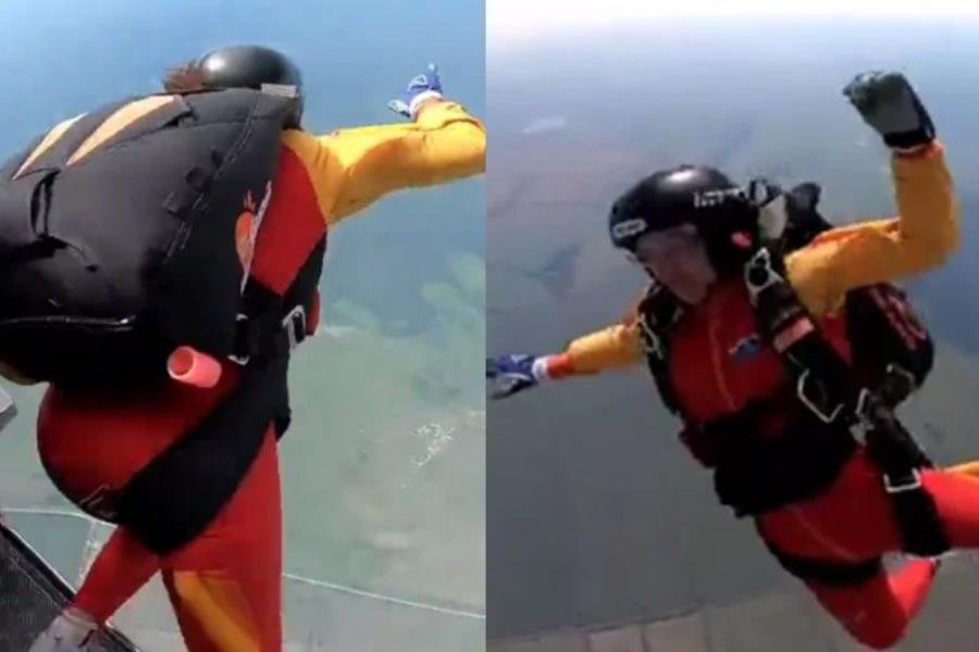 ¡Dramático rescate en el aire! Instructor de paracaidismo en Rusia salva a mujer de caer y morir