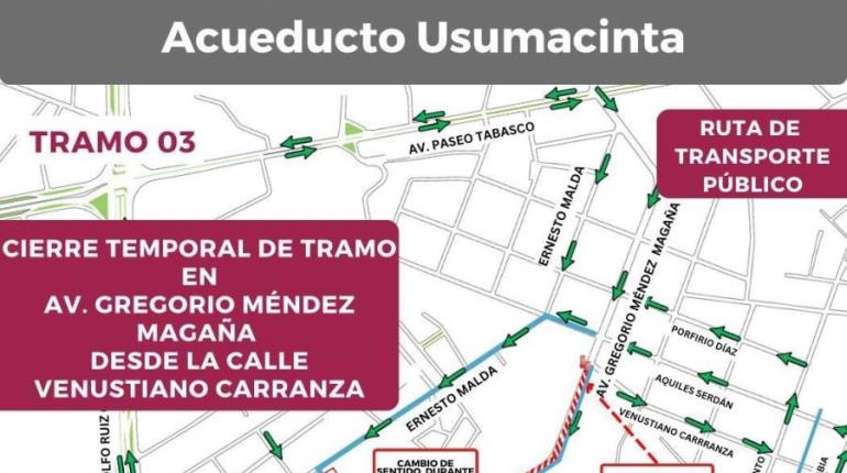 Anuncia Centro cierre temporal de Méndez, desde Carranza hasta Usumacinta, por Acueducto