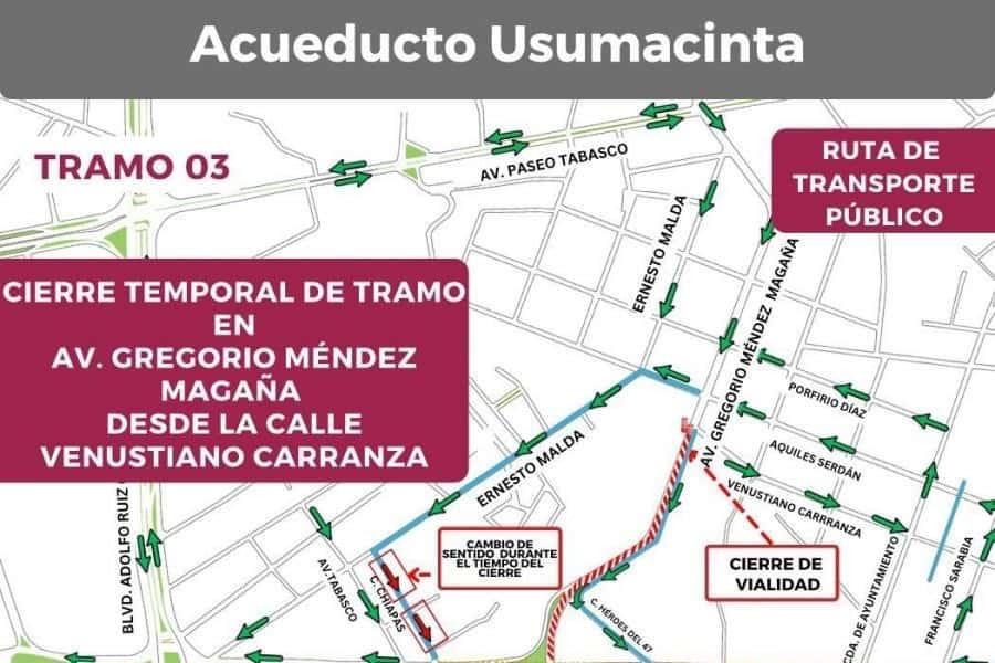 Anuncia Centro cierre temporal de Méndez, desde Carranza hasta Usumacinta, por Acueducto