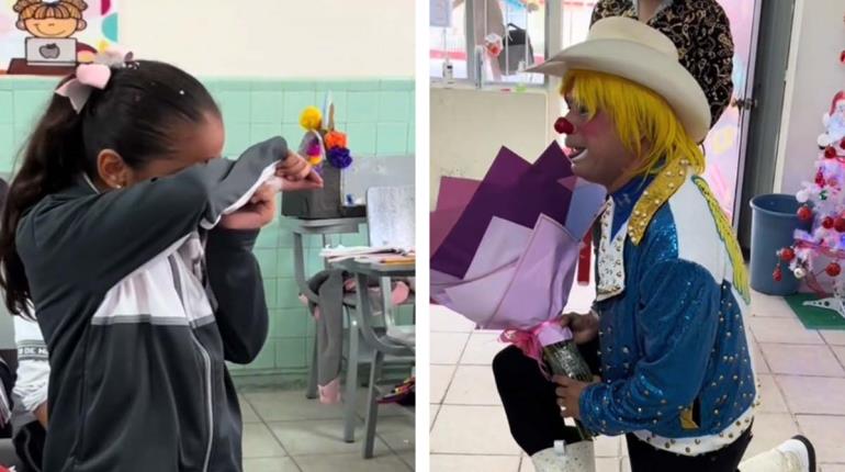 Payaso sorprende a su hija, al llevarle flores en su cumpleaños