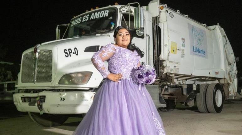 Quinceañera rinde homenaje a su padre y se toma foto en camión recolector de basura