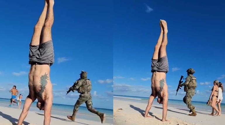 Captan persecución militar en playa de Tulum durante sesión de yoga