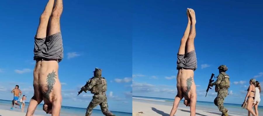 Captan persecución militar en playa de Tulum durante sesión de yoga