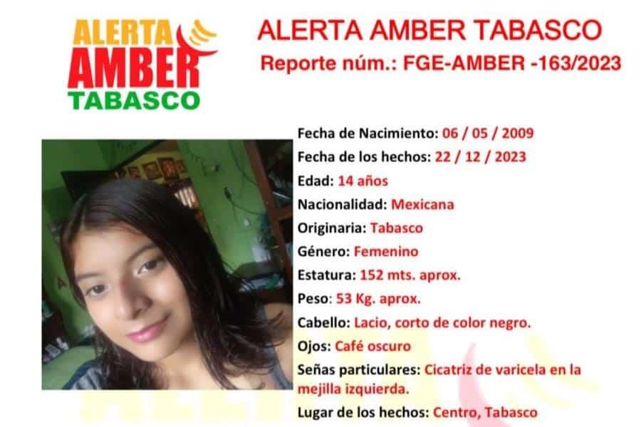 Activan Alerta Amber por jovencita de 14 años desaparecida el 22 de diciembre en Centro