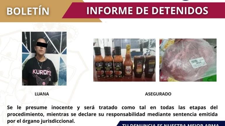 Detienen a mujer por robar carne y salsas en centro comercial de la Deportiva