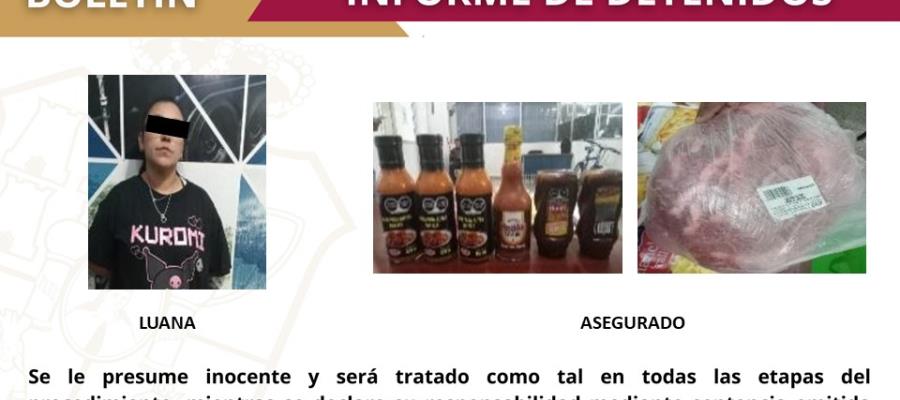 Detienen a mujer por robar carne y salsas en centro comercial de la Deportiva