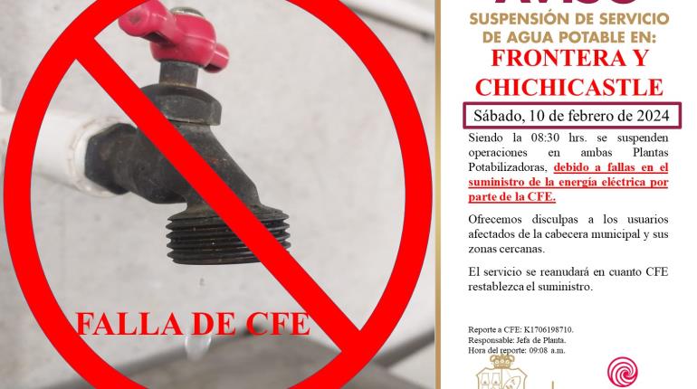 Fallas en el suministro de energía eléctrica "paralizan" potabilizadoras de Frontera y Chichicastle