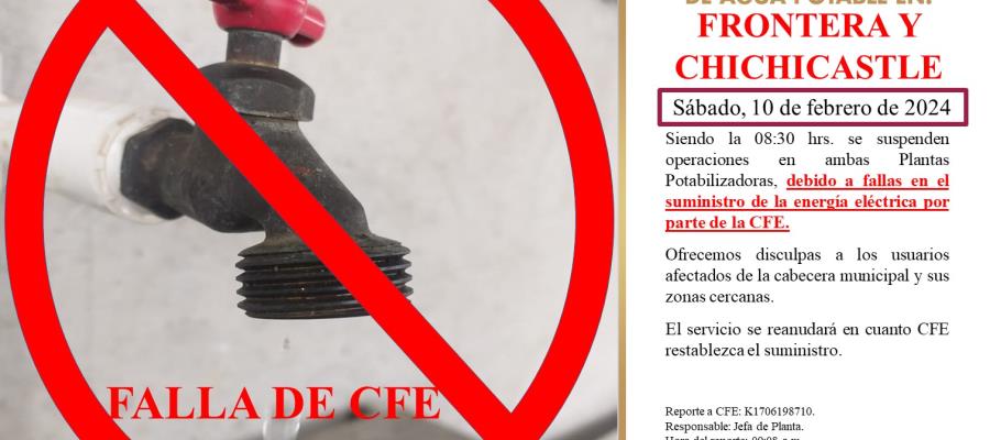 Fallas en el suministro de energía eléctrica "paralizan" potabilizadoras de Frontera y Chichicastle