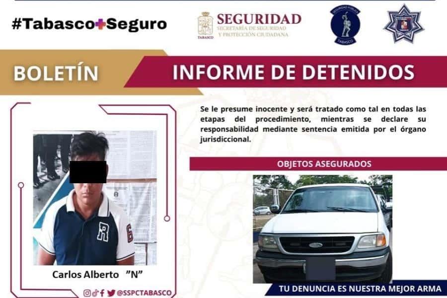 Asegura SSPC a sujeto por robo de vehículo en Centro