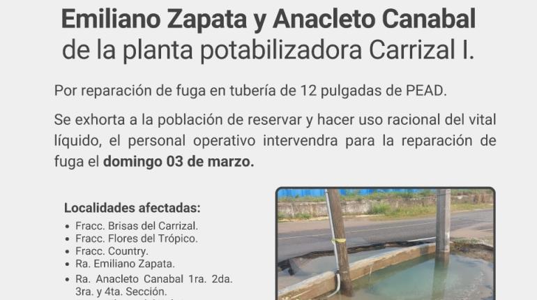 SAS suspenderá servicio por reparación de tuberías de la planta Carrizal I