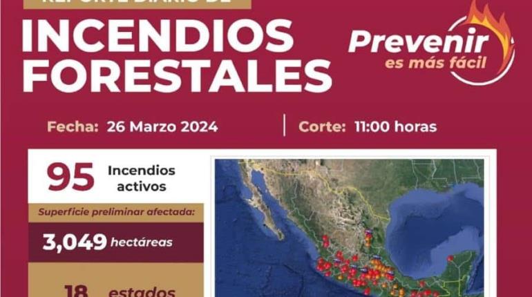 Contabiliza Conafor 95 incendios forestales activos en el país