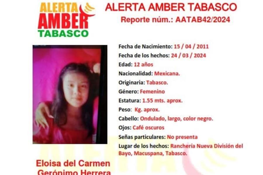 Buscan a Eloisa, de 12 años, desaparecida en Macuspana