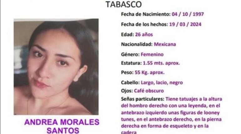 Activan protocolo Alba para localizar a Andrea Morales, desaparecida en Paraíso