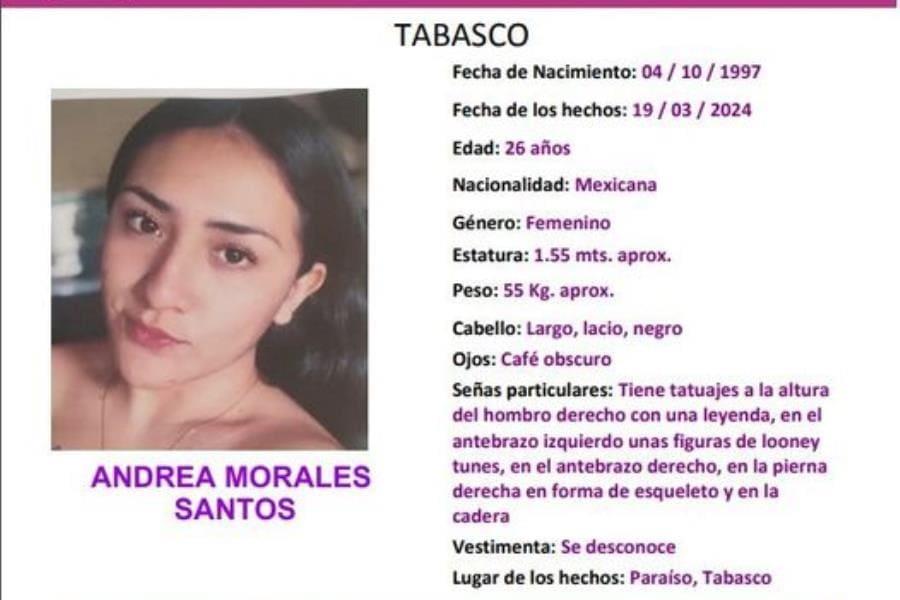 Activan protocolo Alba para localizar a Andrea Morales, desaparecida en Paraíso