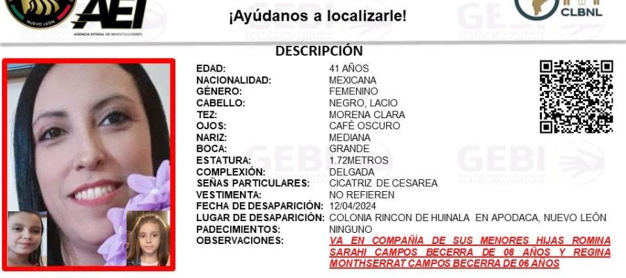 Buscan a madre de familia y a sus 2 hijas desaparecidas en Nuevo León