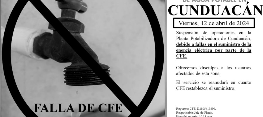 6 potabilizadoras suspendieron temporalmente su servicio por fallas de CFE en Tabasco