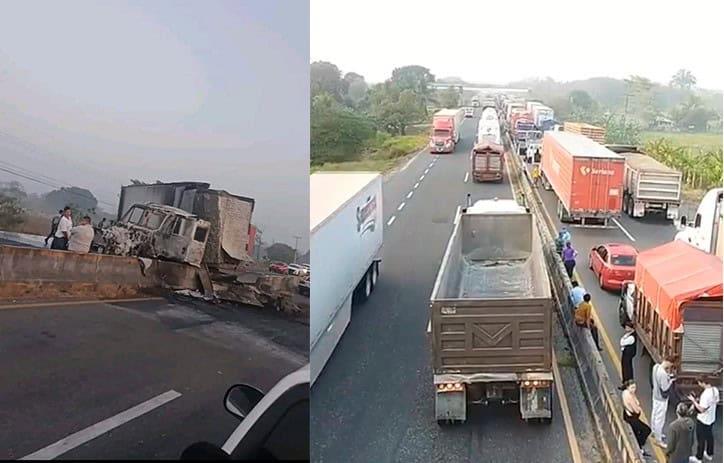 Se incendia tráiler y cierran la carretera Villahermosa-Macuspana