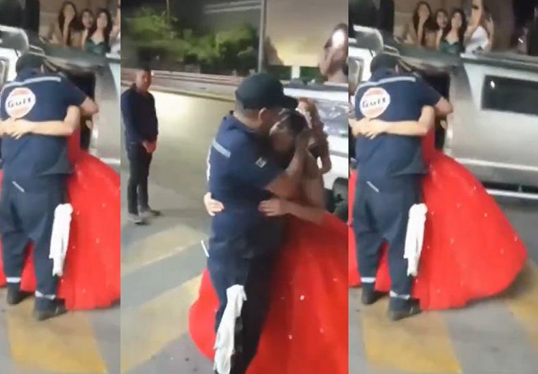 Quinceañera visita de sorpresa en el trabajo a su papá que no pudo asistir a la fiesta