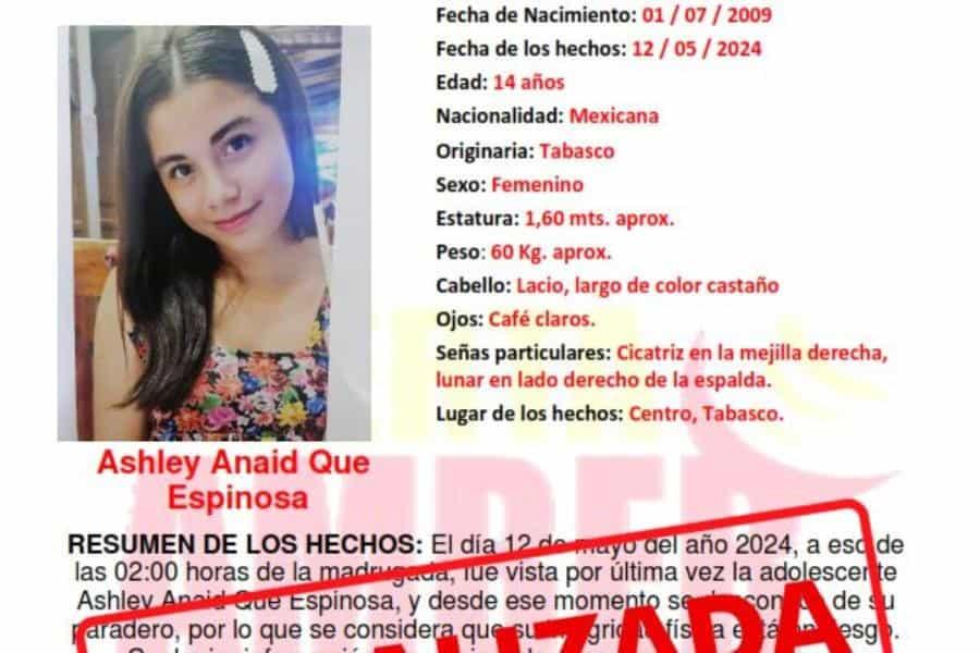 Localizan a la menor Ashley Anaid desaparecida en Centro