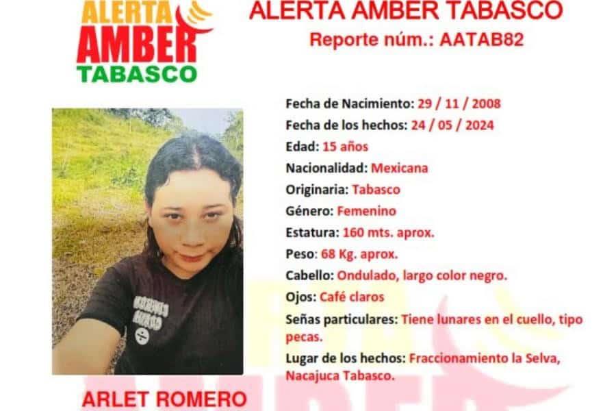 Activan Alerta Amber a favor de Arlet Romero de 15 años