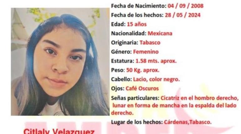 Alerta Amber para localizar a Citlaly Velázquez desaparecida en Cárdenas