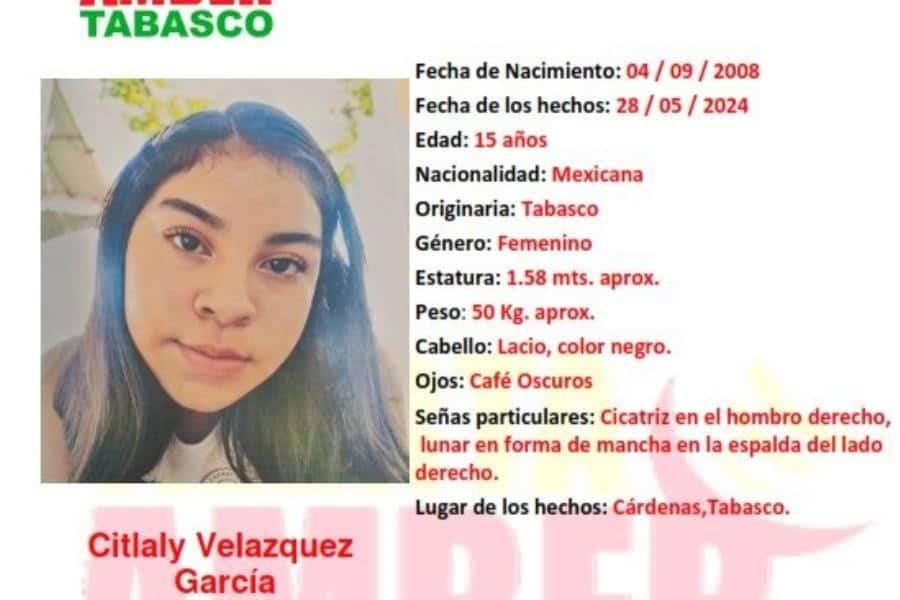 Alerta Amber para localizar a Citlaly Velázquez desaparecida en Cárdenas