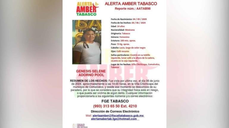 Buscan a adolescente de 14 años reportada desaparecida en Comalcalco