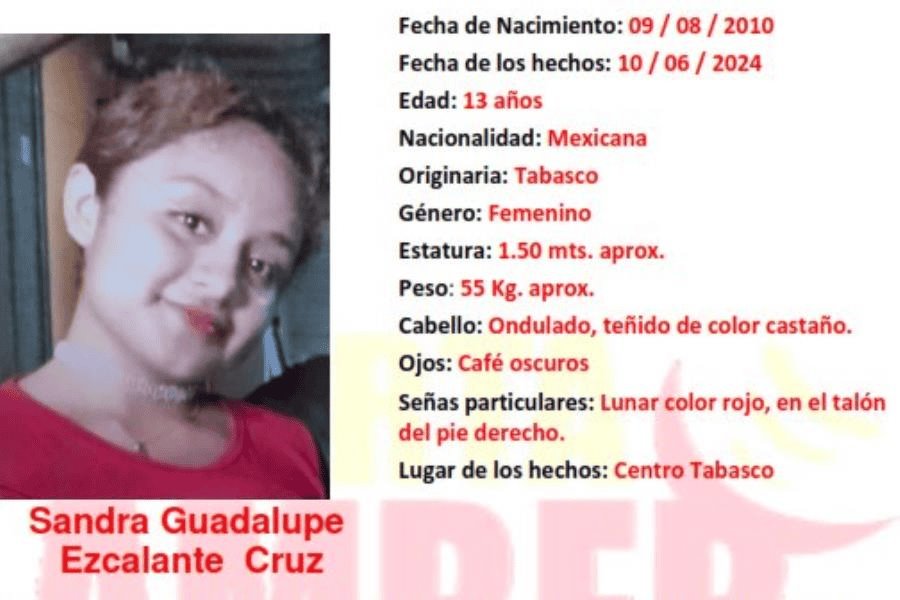 Buscan a menor Sandra Guadalupe Ezcalante Cruz desaparecida en Centro