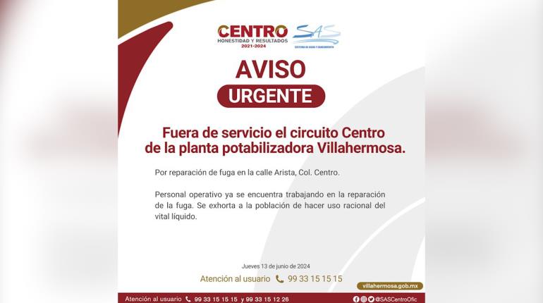 Fuera de servicio planta potabilizadora Villahermosa circuito Centro