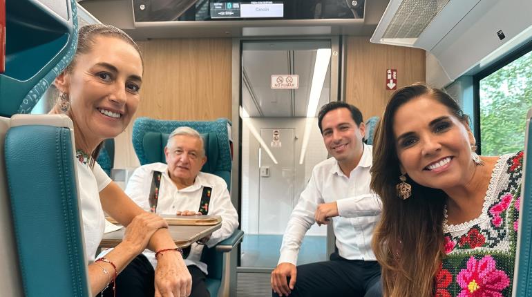 AMLO y Sheinbaum supervisan trabajos del Tren Maya en Mérida