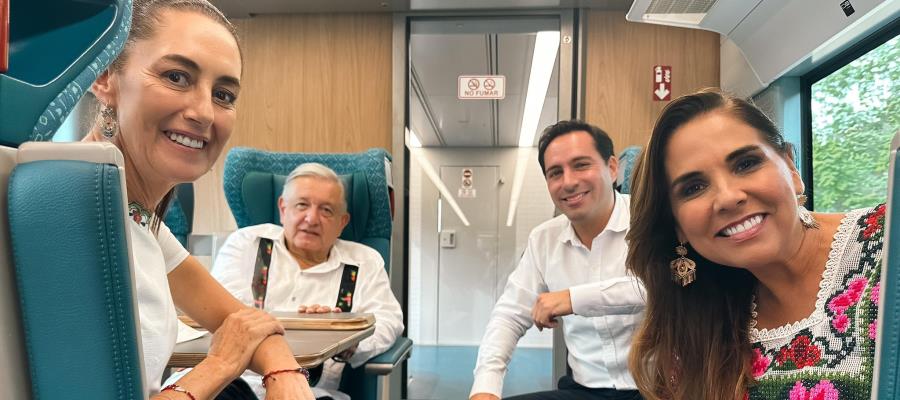 AMLO y Sheinbaum supervisan trabajos del Tren Maya en Mérida